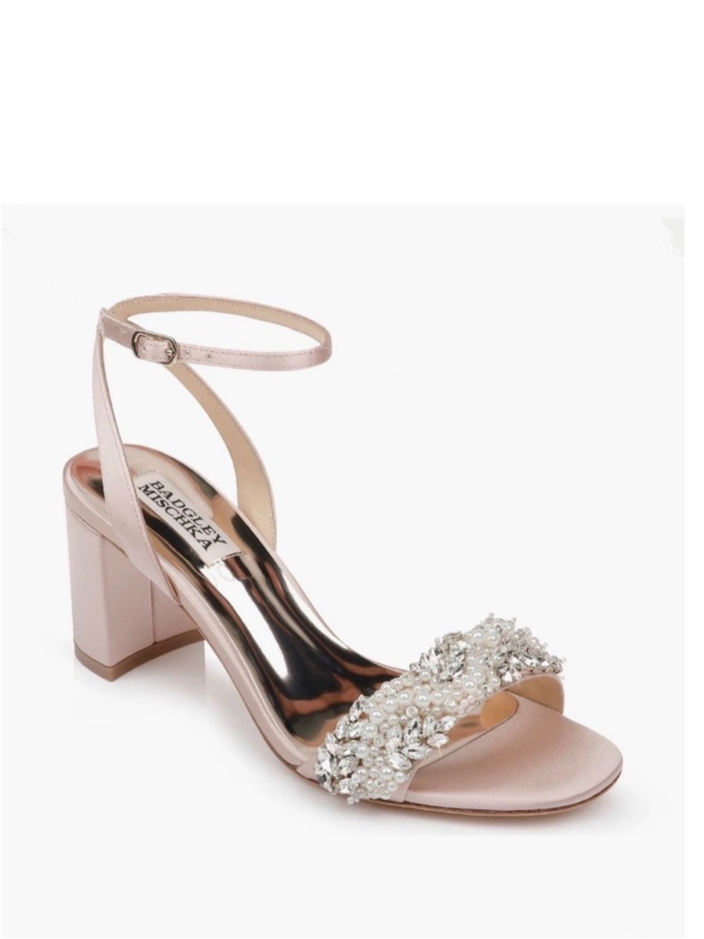 Badgley Mischka Clara Blush Pearl & Crystal Block Heel Sandal
